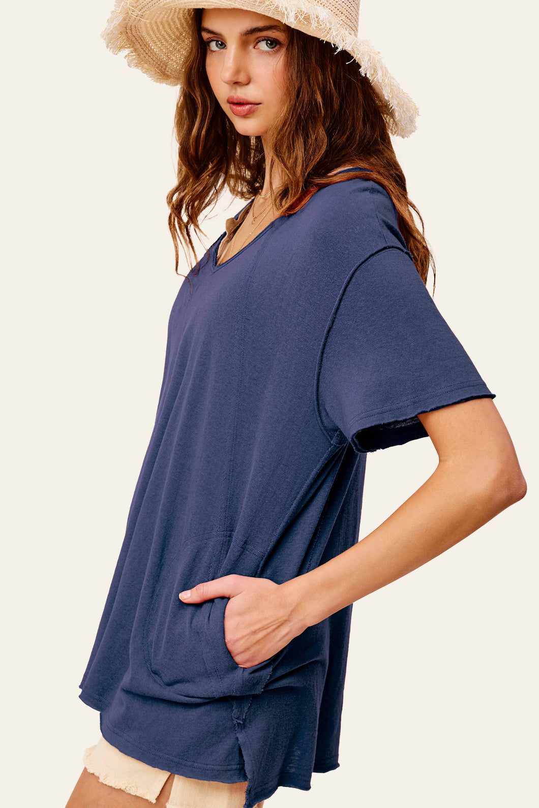 LaMiel Stretchy V-Neck Short Sleeve Top with Pockets