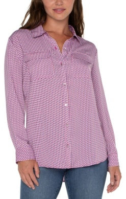 Liverpool Los Angeles Flap Pocket Button Front Blouse in Fuchsia Geometric