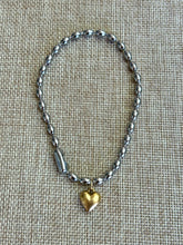 Load image into Gallery viewer, Silver “Rice” Ball Chain Bracelet with Matte Gold Puffy Heart
