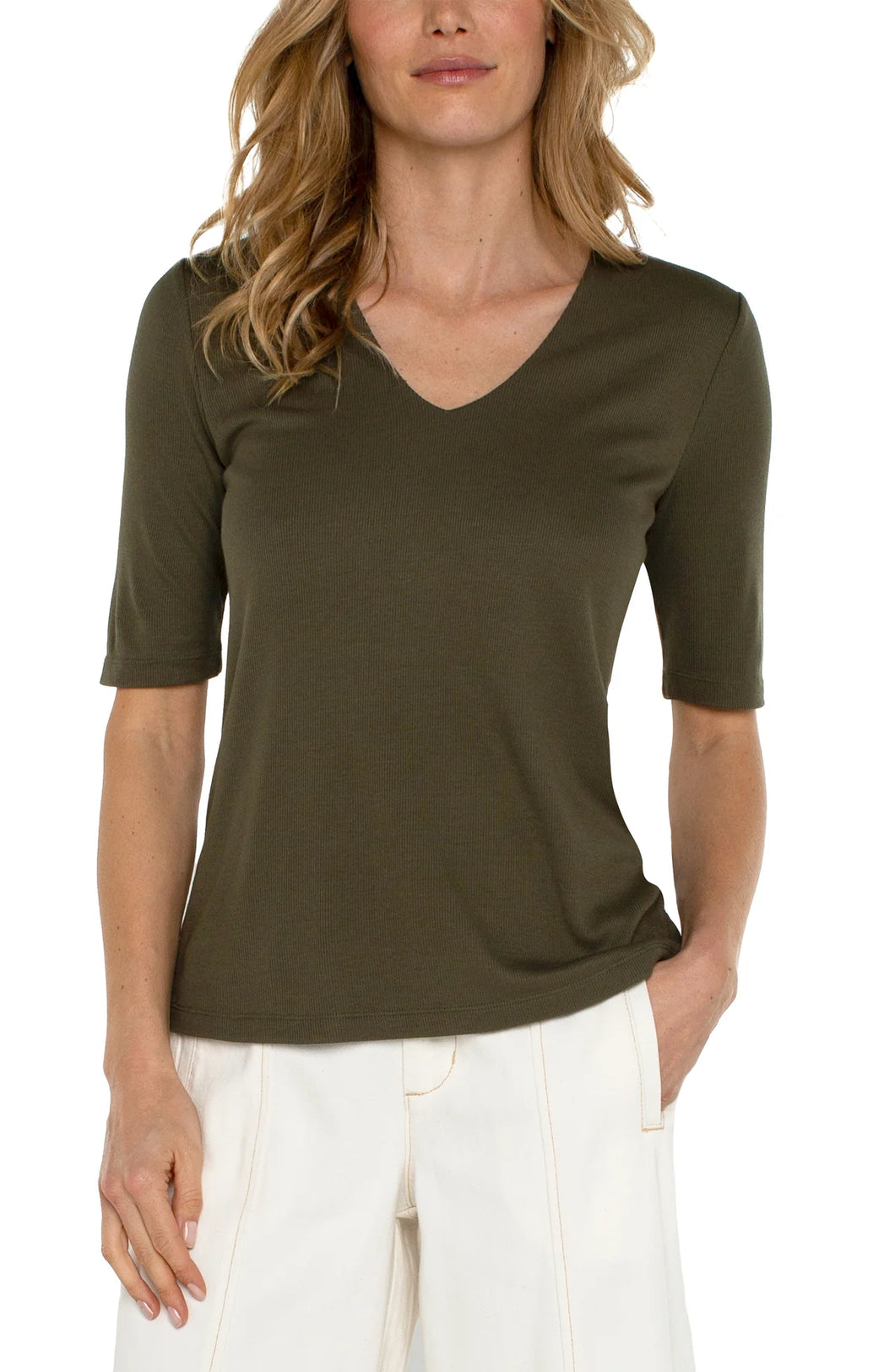 Liverpool Los Angeles Double Layer Rib Knit V-Neck Top in Spanish Olive