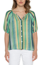 Load image into Gallery viewer, Liverpool Los Angeles Short Sleeve Button Front Shirred Woven Top in Teal Multi Stripe
