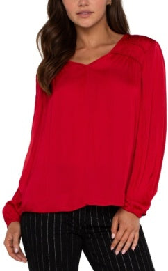 Liverpool Los Angeles Long Sleeve V Neck Woven Blouse with Shirring in Tango Red