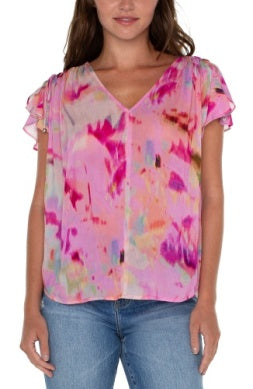 Liverpool Los Angeles Shirred V-Neck Dolman Sleeve Blouse in Fuchsia Watercolor