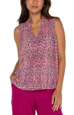 Liverpool Los Angeles Sleeveless Knit Top with Smocked Neck in Fuchsia Paisley Multi