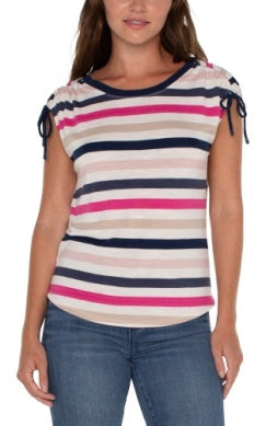 Liverpool Los Angeles Crew Neck Dolman with Shoulder Ties and Mitered Back in Fuchsia Navy Multi Stripe
