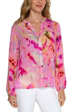 Load image into Gallery viewer, Liverpool Los Angeles L/S Button Front Shirred Blouse in Fuchsia Watercolor
