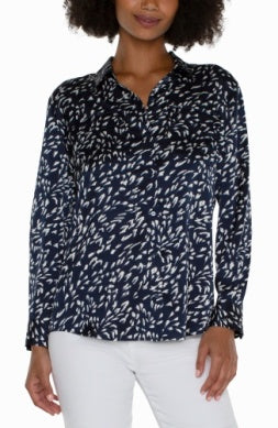 Liverpool Los Angeles Flap Pocket Button Front Woven Blouse in Navy Multi