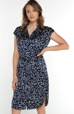 Liverpool Los Angeles Collared Button Front Dress w/ Dolman Sleeve and Removable Belt in Navy Multi