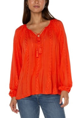 Liverpool Los Angeles Embroidered Shirred Blouse with Neck Ties in Coral Blaze