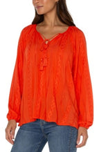 Load image into Gallery viewer, Liverpool Los Angeles Embroidered Shirred Blouse with Neck Ties in Coral Blaze
