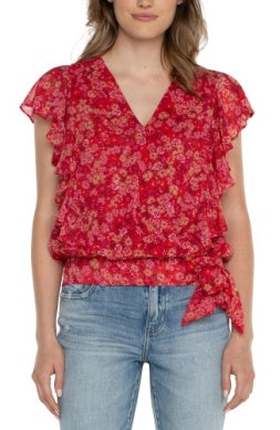 Liverpool Los Angeles Draped Front Top with Waist Tie in Berry Blossom Floral