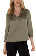 Load image into Gallery viewer, Liverpool Los Angeles Long Sleeve Pleated Neck Woven Blouse in Spanish Olive
