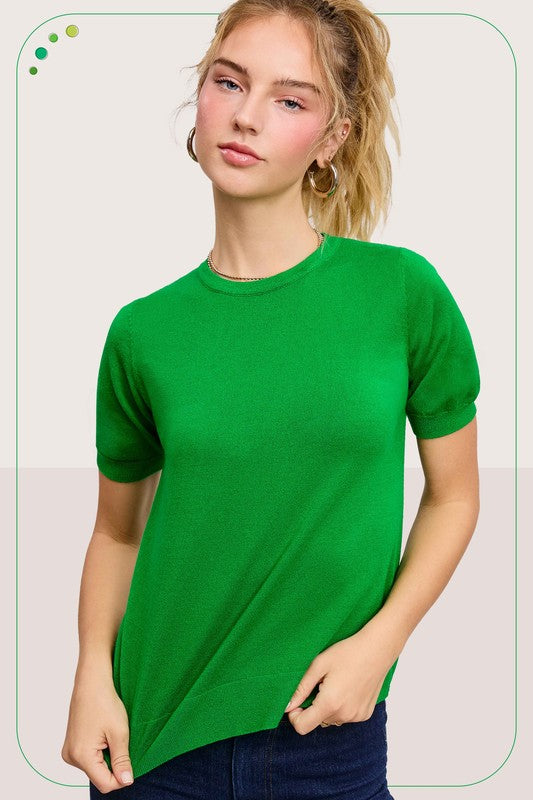La Miel Super Soft Puffy Sleeve Basic Stretchy Knit Top