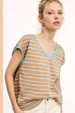 Load image into Gallery viewer, La Miel Casual Color Contrast Striped V Neck T-Shirt
