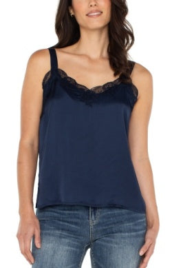 Liverpool Los Angeles Woven Tank w/ Lace Trim in Dark Navy