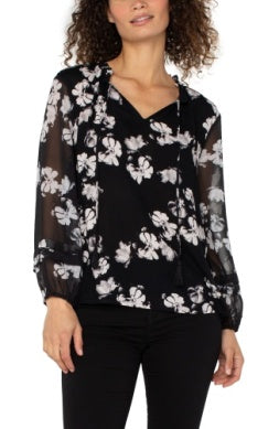 Liverpool Los Angeles Long Sleeve Popover Shirred Woven Blouse