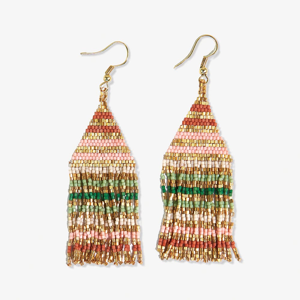 Lexie Horizontal Gold Stripes Beaded Fringe Earrings in Desert